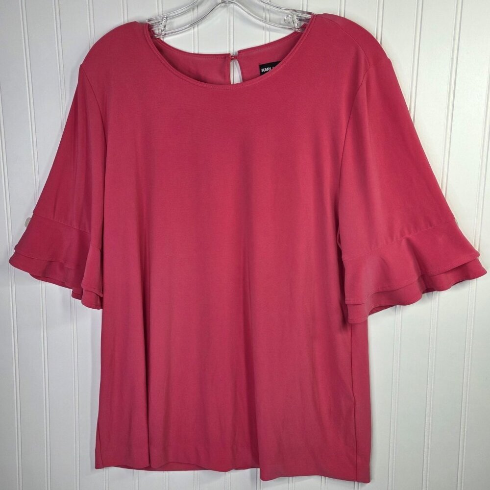 Karl Lagerfeld Paris Blouse Womens Large Pink Ruffle Bell Sleeve Top Chic Preppy